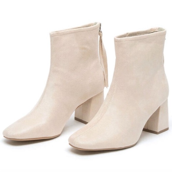 Delicious Shoes - Delicious Faux Suede Square Toe Block Heel Ankle Boots Cream/Nude/Beige